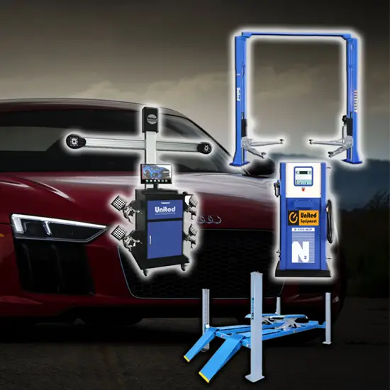 automotive workshop equipment including a hydraulic car lift, a tire balancer.